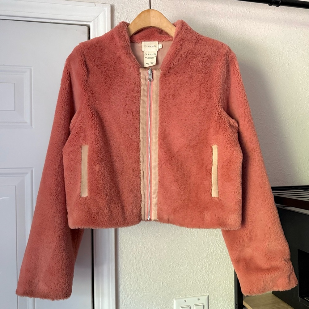 FLANNEL peach pink faux fur silk lined full zip teddy long sleeve jacket‎ coat